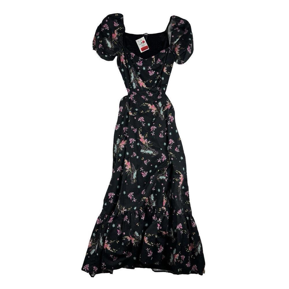 Paige Linh Midi Dress Linen Cotton Floral Black Size S